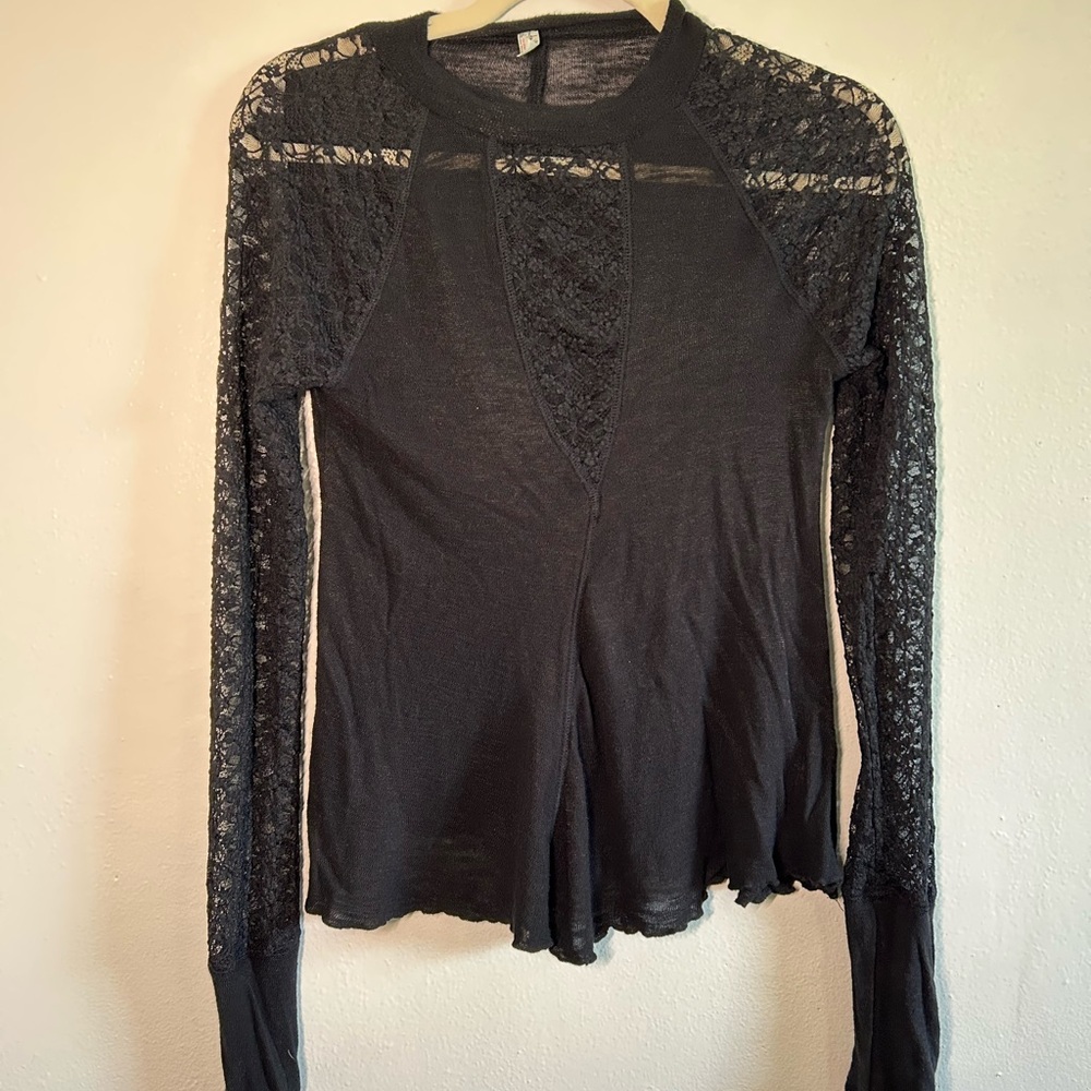Free People Black Lace Fitted Long Sleeve Blouse